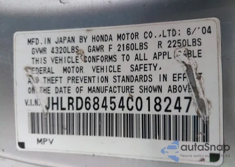 2004 Honda Cr-V Lx from USA, damaged, VIN JHLRD68454C018247